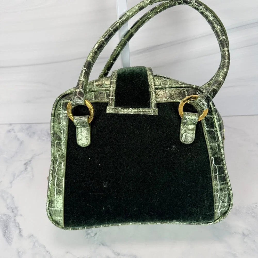 Vintage Fetish by Eve Y2K Metallic Croc Embossed Velvet Satchel Bag Green NWT